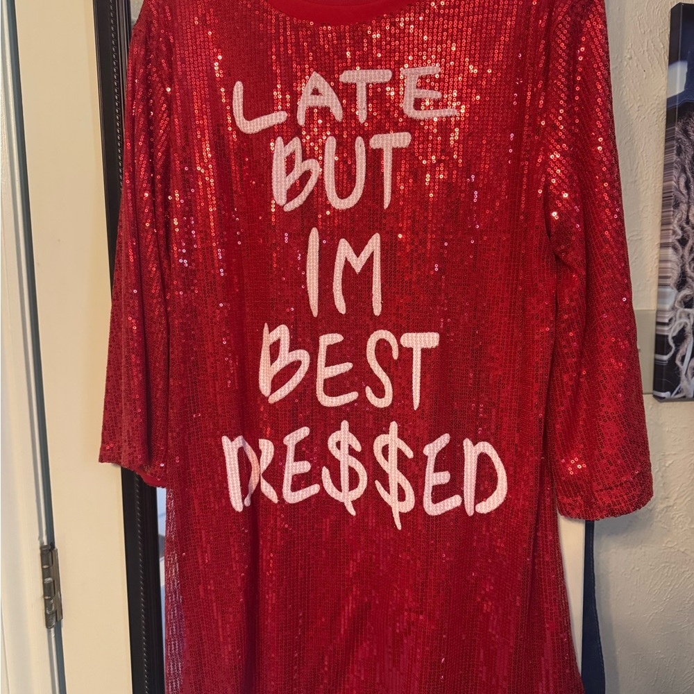 Red Sequin Dress with White Lettering